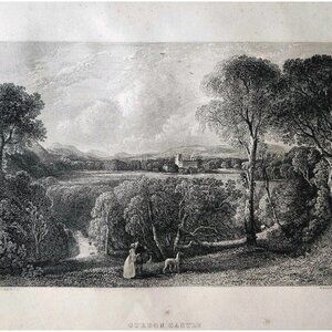 1844 Gordon Castle Engraving Victorian Scotland Greyhound Dogs Couple DWSS18